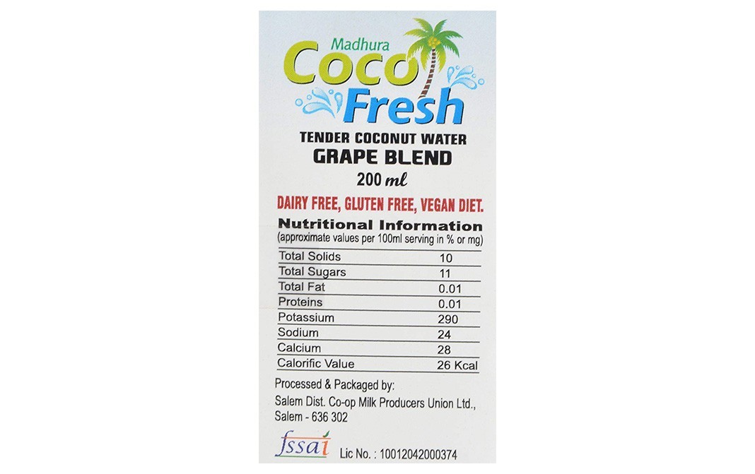Madhura Tender Coconut Water Grape Blend   Tetra Pack  200 millilitre